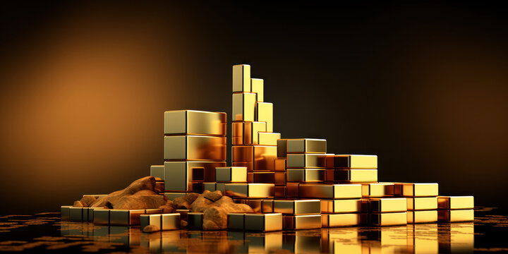 Piles of matte gold bricks cast shadows upon a glowing economic downturn graph