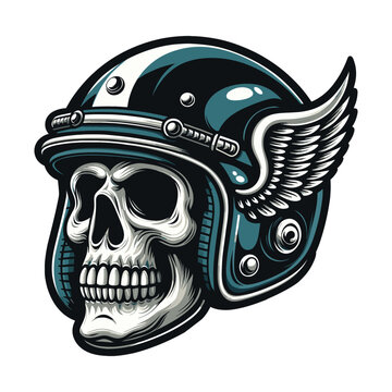 Retro vintage biker racer skull in helmet design vector template illustration. t-shirt design, logo mascot emblem isolated on white background