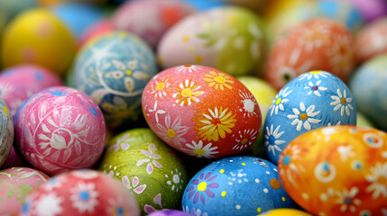 Fototapeta na wymiar Colorful Hand Painted Easter Eggs with Floral Patterns