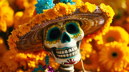 Colorful Day of the Dead Skull with Flowers in Traditional Mexican Celebration