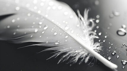 Black and White Feather with Water Droplets on Glossy Surface