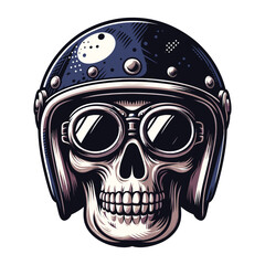 Retro vintage biker racer skull in helmet design vector template illustration. t-shirt design, logo mascot emblem isolated on white background