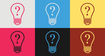 Colorful light bulb and question mark icons set in 6 colors for vibrant designs, light bulb and question marks Isolated on background - obrazy, fototapety, plakaty