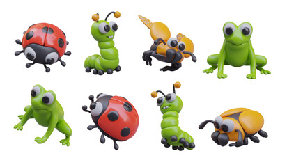 Collection with red ladybug, realistic green centipede, yellow scarab and cute adorable frog in different positions. Vector illustration in 3d style with white background