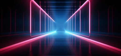 A long, brightly lit tunnel with a blue glow Generative AI