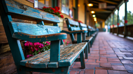Fototapeta na wymiar row of weathered blue benches on a brick sidewalk, accompanied by vibrant pink flowers, creating a charming and welcoming outdoor seating area