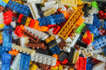 pile of colorful Lego blocks. Top angle view of lego bricks on white background