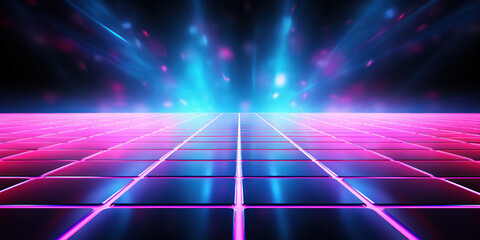 Vibrant dance floor lights up with neon blues and pinks, inviting a night of fun
