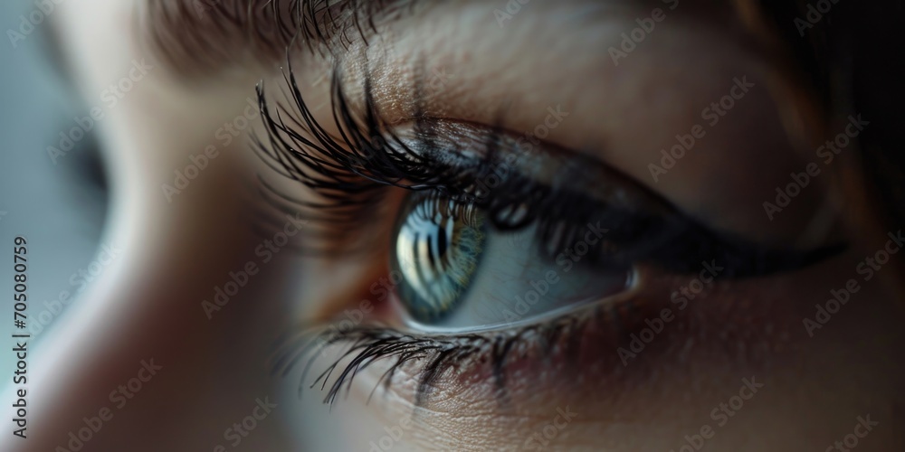 Poster a close-up view of a person's eye with beautifully long eyelashes. this image can be used to emphasi