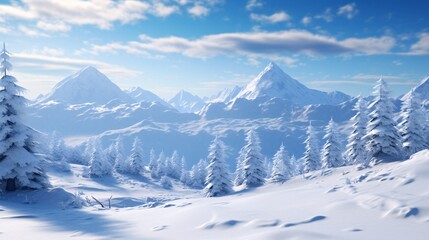 Obraz premium Snowy Mountain Range with Pine Trees Generative AI