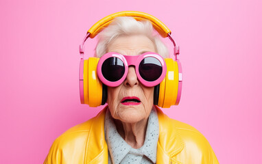 A funky stylish dressed elderly woman with sunglasses and headphones on pink background. - obrazy, fototapety, plakaty