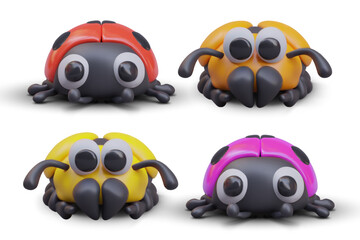 Scarab and ladybug closeup. Beetles of different types and colors. Insects with funny faces. Ladybird and dung beetle. Set of detailed isolated 3D illustrations