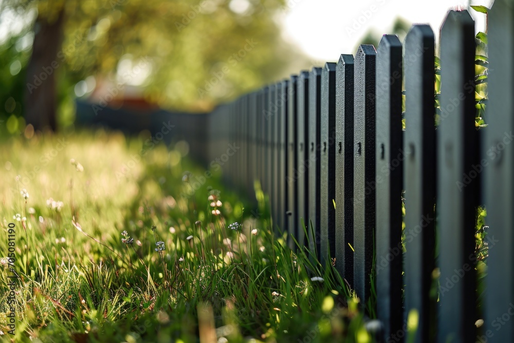 Poster a close-up view of a fence in the grass. this image can be used to depict boundaries, property, or o
