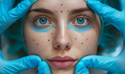 Lifting lines, advertising of face contour correction, skin lifting. Facial rejuvenation concept, cosmetology, aesthetic medicine
 - obrazy, fototapety, plakaty