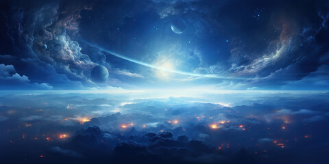 Fototapeta premium Elestial scene unfolds with a planet cradled by clouds, radiating an ethereal light