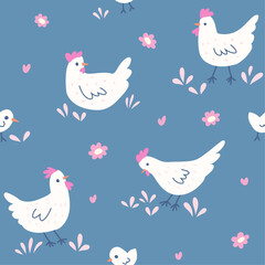 Cute seamless pattern with chicken and floral elements. Vector illustration with cartoon drawings for print, fabric, textile.