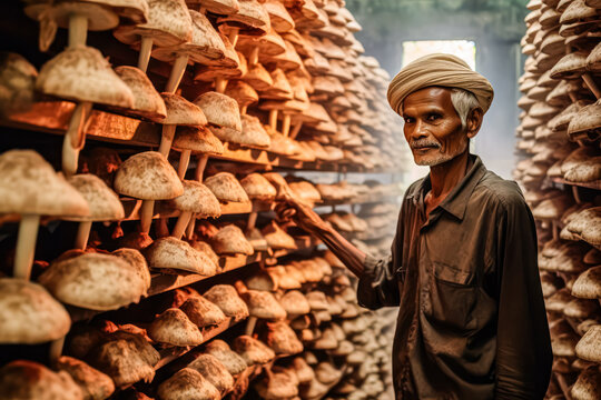 Indian man tends to mushrooms in vertical greenhouse beds, pioneering space saving technology for healthy and efficient food production. A transformative stock photo