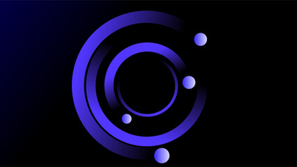 3D bevel of spinning blue circle frames and glowing orbs over black copy space background