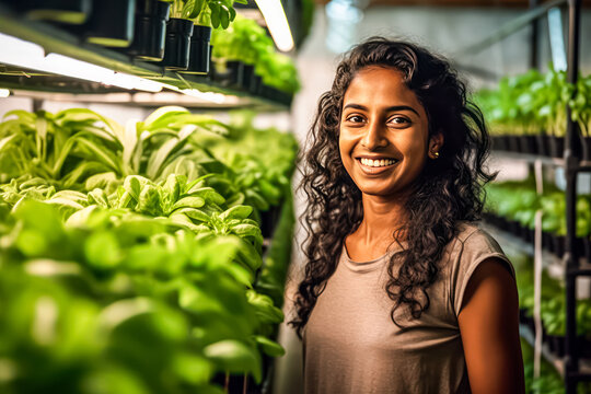 Sri Lankan girl cultivating green salad in a greenhouse. A vibrant stock photo showcasing sustainable farming for wholesome and healthy food.