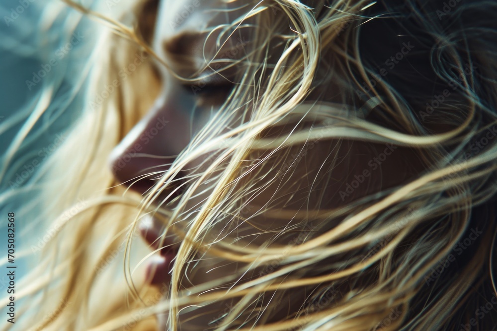 Poster a close-up photograph capturing the beauty of a person with long flowing hair. this versatile image 