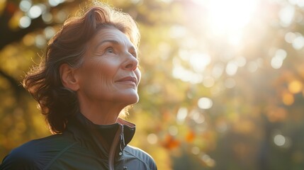 portrait of a senior woman, woman exercise outdoor in the morning. - obrazy, fototapety, plakaty