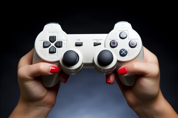 Close-up of a womans hand holding a joystick while playing video games, with space for text