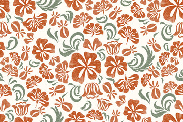 Floral pattern paisley embroidery on white background. Ikat orange flower motif ethnic oriental seamless pattern traditional flower abstract vector illustration vintage design for print template, 