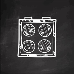 Hand-drawn eyeshadow palette, beauty cosmetic element, self care. Illustration for beauty salon, cosmetic store, makeup design on chalkboard background. Doodle sketch style. 