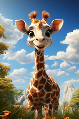 Cartoon cute giraffe in nature. Illustration, AI Generative