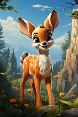 Cartoon cute deer in nature. Illustration, AI Generative