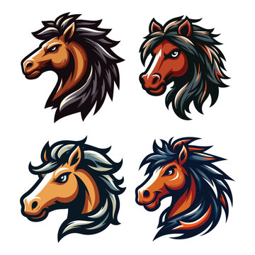 set of brave strong animal horse head face mascot design vector illustration, logo template isolated on white background