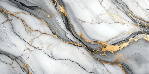 An elegant marble texture with flowing grey veins and touches of gold.