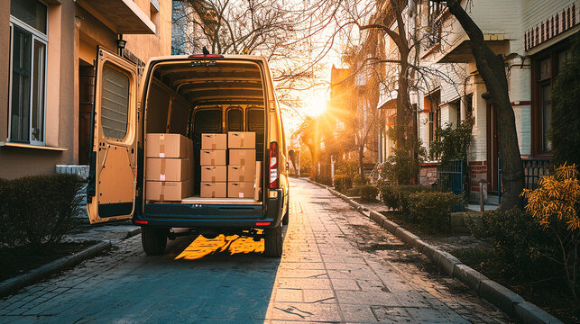 A delivery van full of boxes with the doors open
