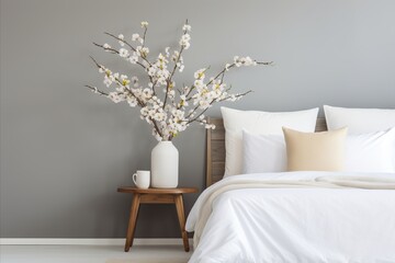 Minimalist Scandinavian Bedroom with Nightstand, Lamp, and Fresh Flowers - Interior Home Decor