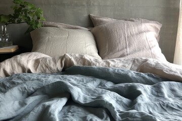Bed with a blue duvet and large pillows