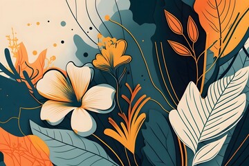 Abstract art background vector. Hand drawn watercolor flowers and line art painting minimal style background. Art design unreal engine, high detail, wes anderson style, HD, 4k, cinematic lighting, 80s
