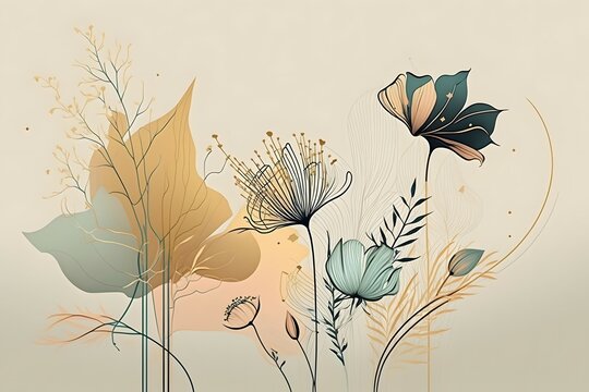 Abstract art background vector. Hand drawn watercolor flowers and line art painting minimal style background. Art design unreal engine, high detail, wes anderson style, HD, 4k, cinematic lighting, 80s