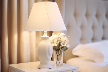 Scandinavian Bedroom. Nightstand with Lamp, Flowers and Cozy Home Interior Design