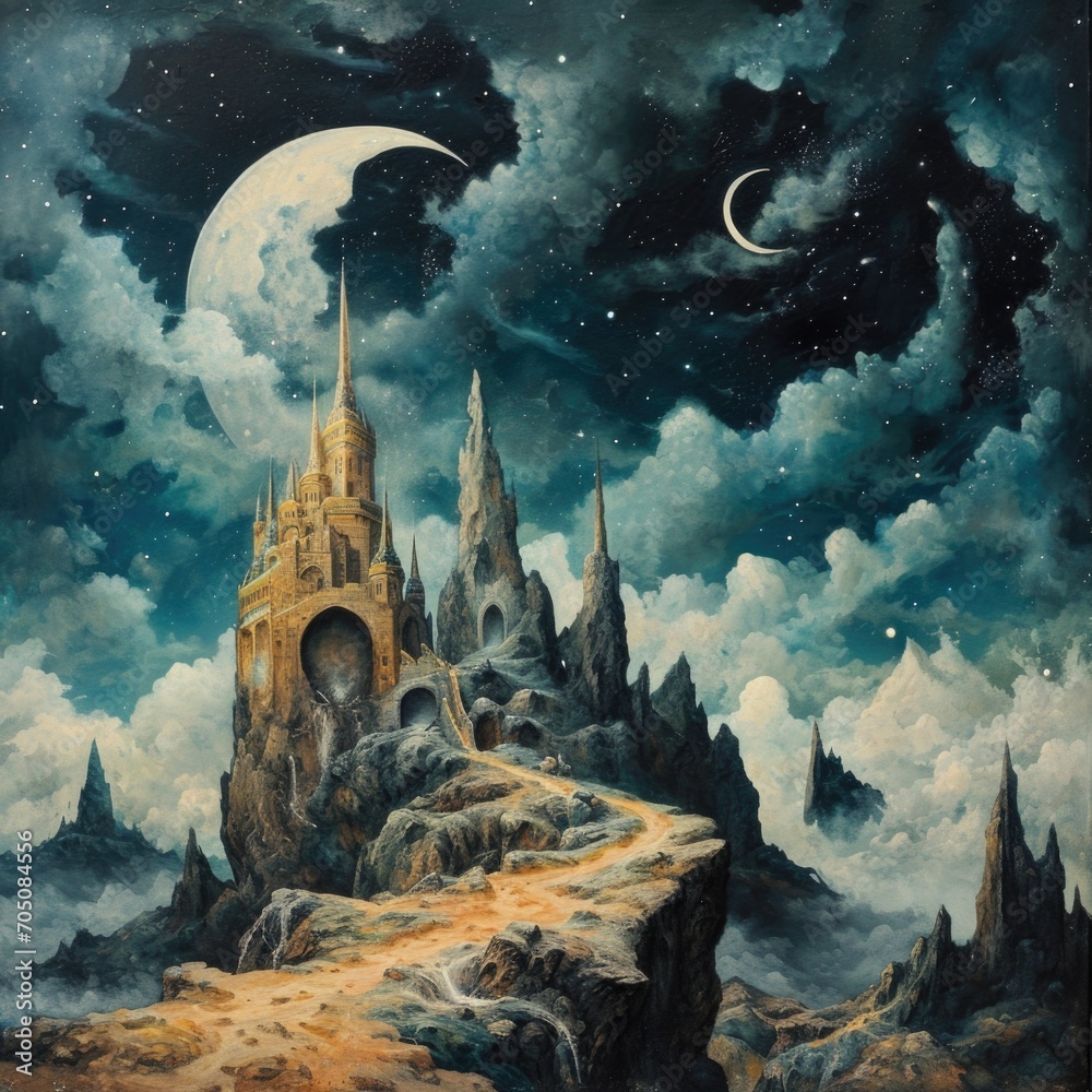 Poster A beautiful painting depicting a castle floating in the sky. Perfect for adding a touch of fantasy to any project