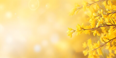 Obraz na płótnie Canvas flowering forsythia in springtime sunshine, floral spring background banner concept with copy space and defocused lights in saturated yellow color