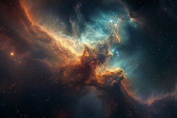 Fototapeta na wymiar A dramatic nebula in space, with swirling clouds of gas and dust illuminated by starlight.
