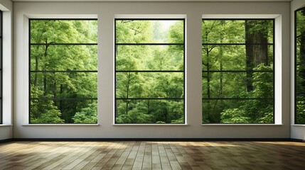 Two Large Windows with Trees Outside Generative AI - obrazy, fototapety, plakaty