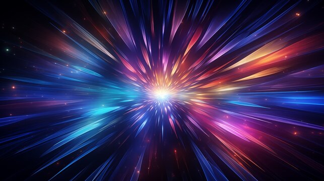 Hyper jump, Light speed, hyperspace, space warp background. Abstract cosmic background. Neon glowing rays in motion. Neon glowing rays in motion.