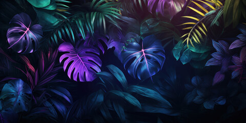 Fototapeta na wymiar Lush tropical leaves in shades of purple and blue create a dense, vibrant jungle atmosphere
