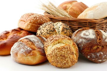 A basket filled with a variety of different types of bread. Ideal for food blogs, bakery websites, or recipe books
