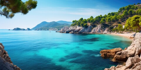 Sun shines to beautiful bay with a small beach and views of the blue sea and rocks - obrazy, fototapety, plakaty
