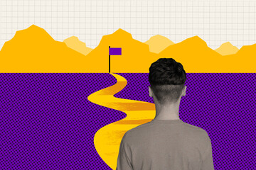 Creative collage picture illustration monochrome effect thoughtful young man chooses set goals start finish pathway abstract art colorful