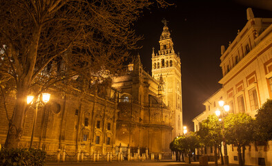 It's a beautiful night in the heart of Seville the capital of Andalusia in Spain - obrazy, fototapety, plakaty