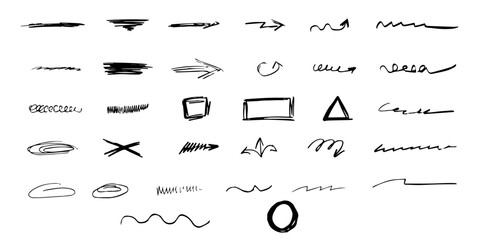 Big set Doodle Hand Drawn elements isolated on white background. Doodle brush collection. Arrow, geometric shape and underline. Vector illustration. EPS 10
