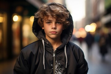 Portrait of a young boy wearing hoodie in the city.
